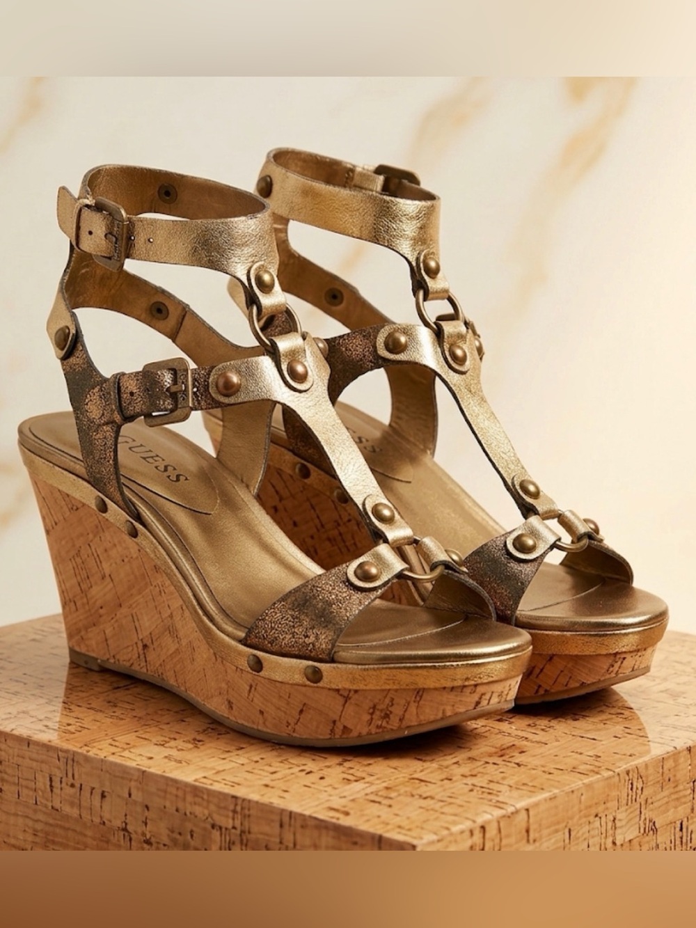 Guess - Metallic Gold/Bronze Cork Wedge Sandals with Ankle Straps
